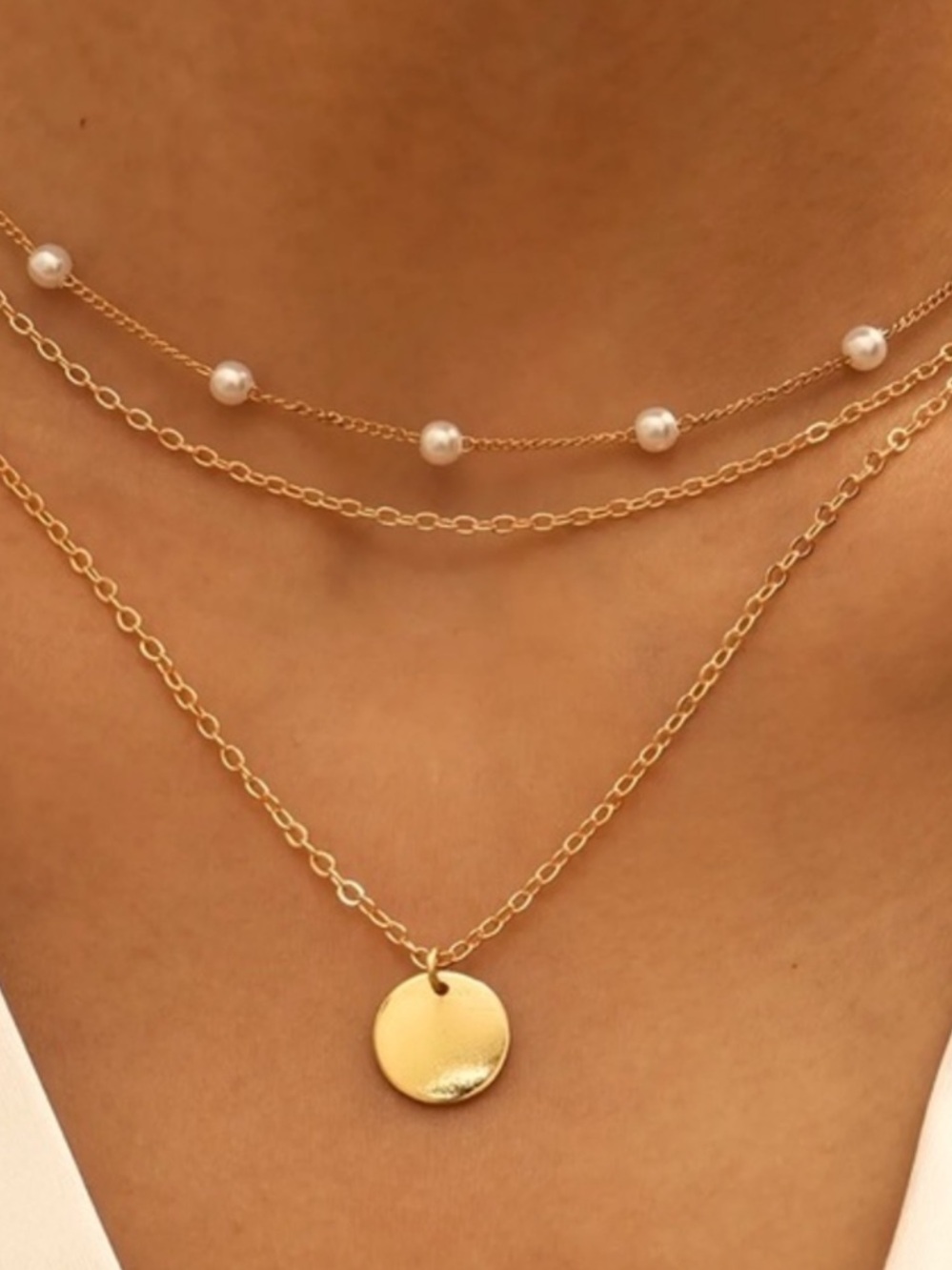 Minimalist Pearl Gold Pendant Layered Necklace